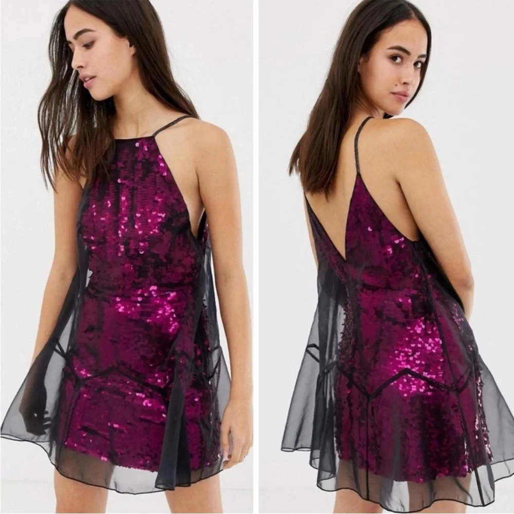 NWT $250 Free People Ghost Mini Sequin Dress in Purple Pink Black Sz 2